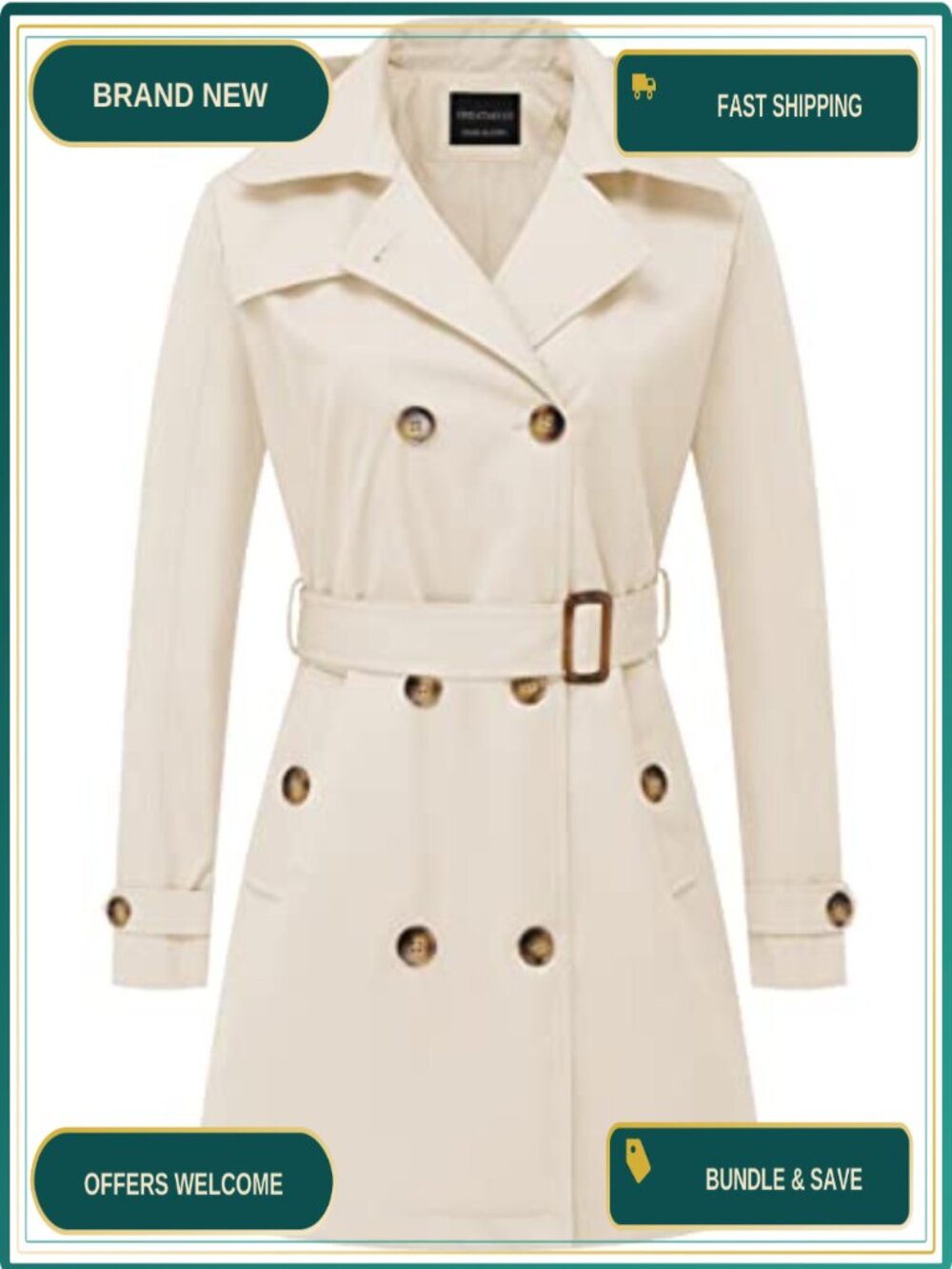 Women's Trench Coat Double-Breasted Classic Belted Slim Outerwear Detachable